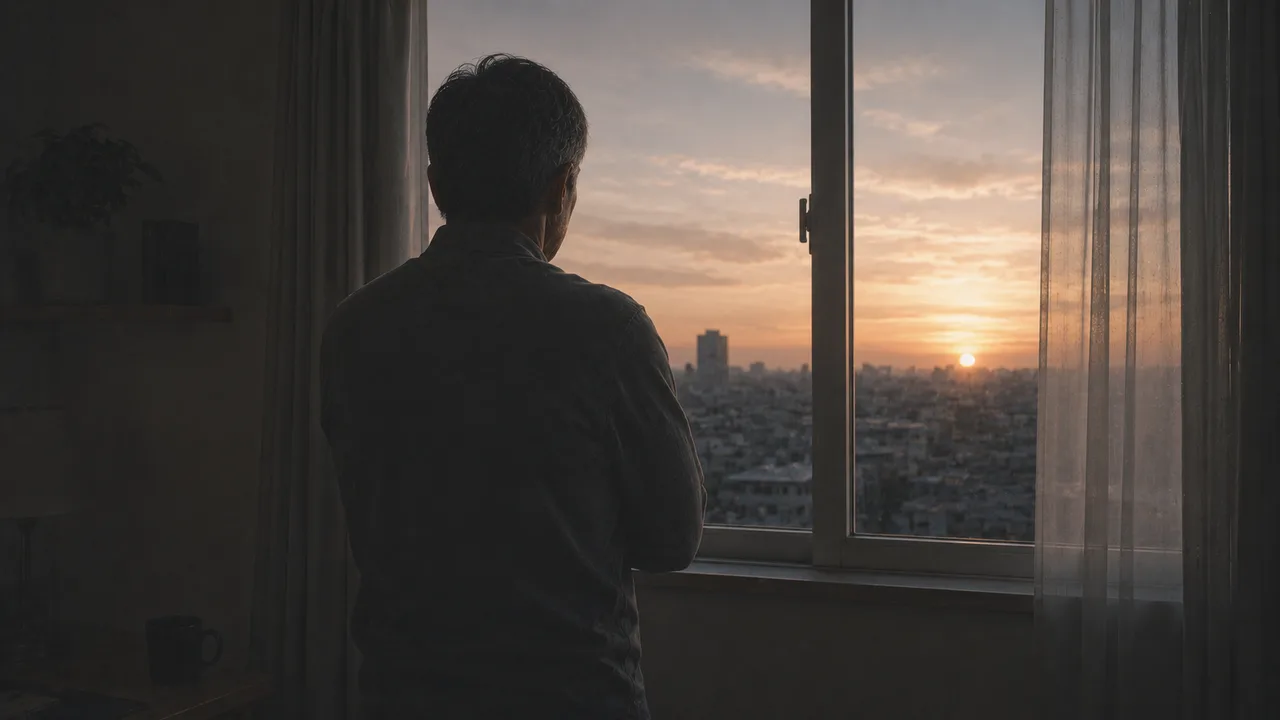 夜明けの窓辺で外の薄明かりを眺める50代男性の後ろ姿、穏やかな希望
