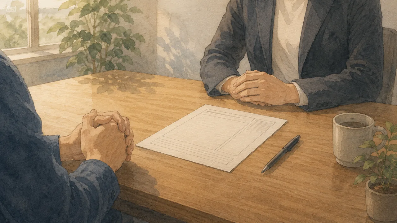 面接の席で、机に置いた書類をはさんで向かい合う手元の様子
