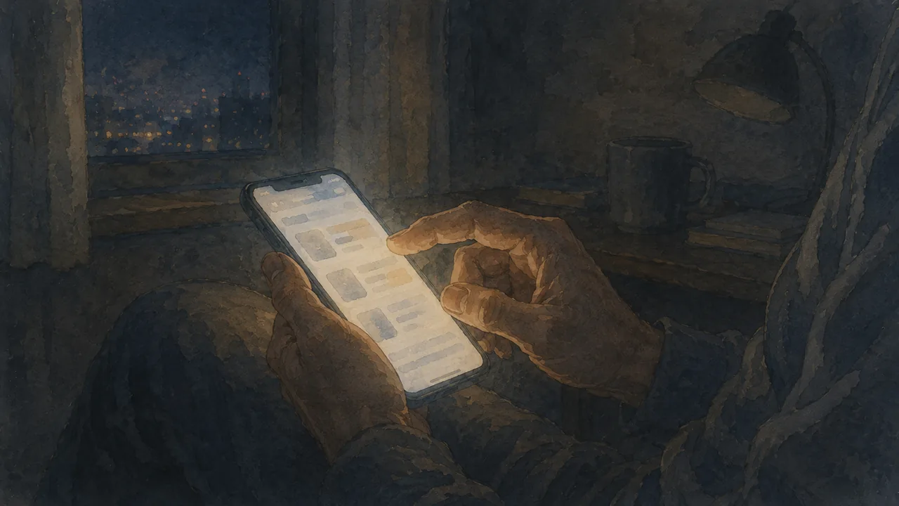 夜にスマホで求人を眺める中年男性の手元と画面の光