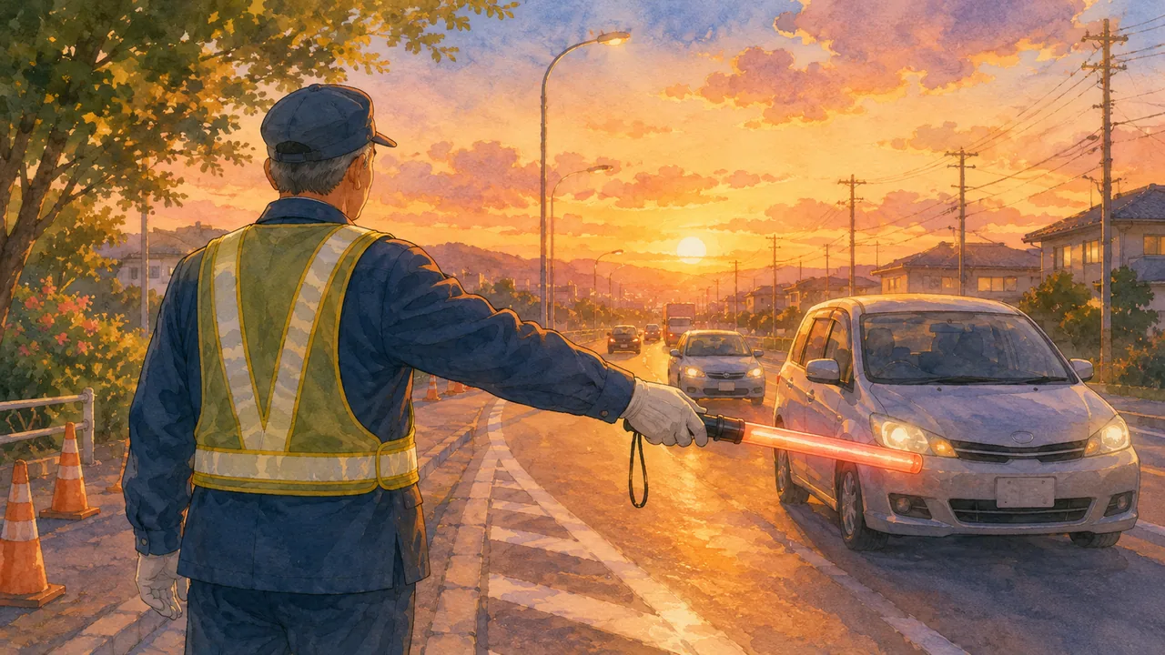 夕暮れの街道で交通誘導をする警備員の後ろ姿
