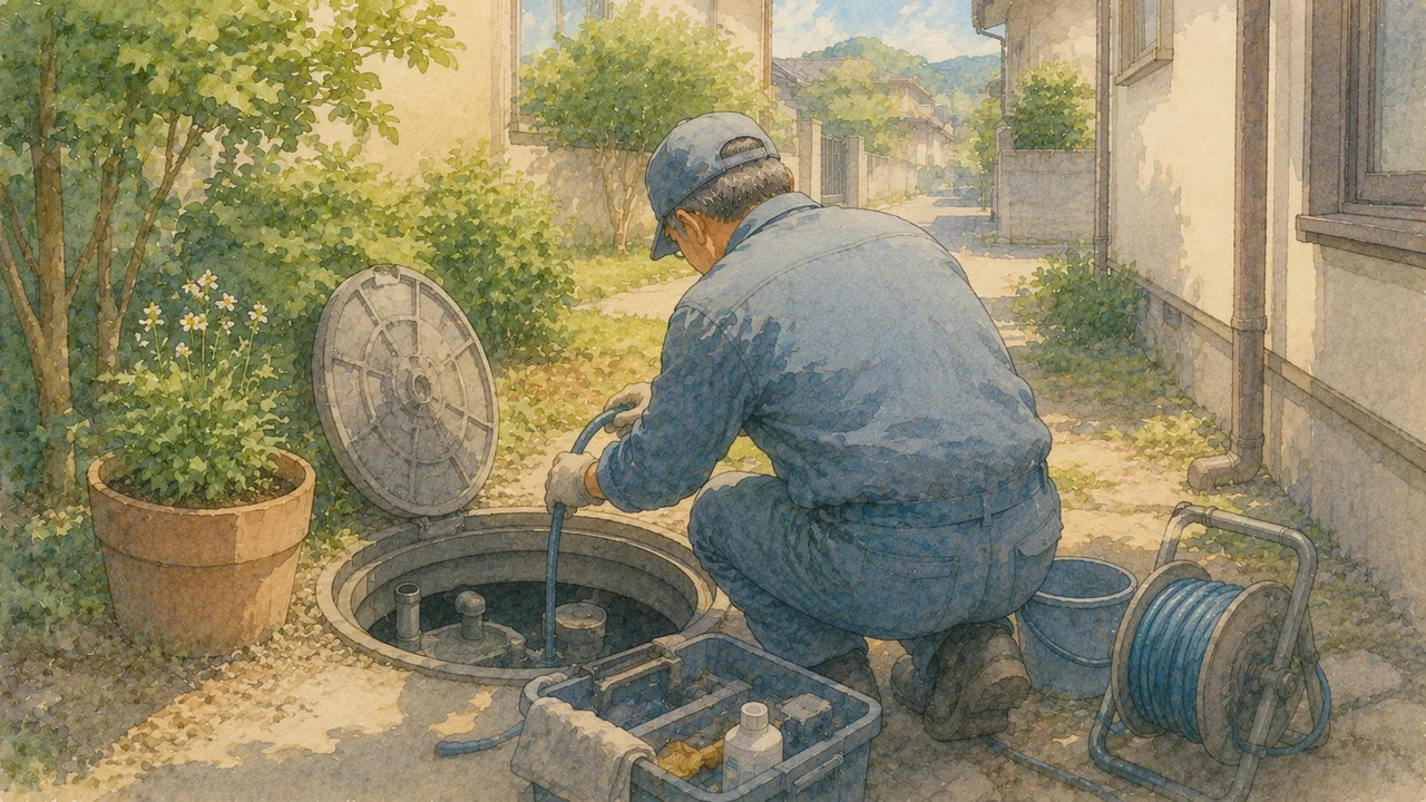 住宅の庭先で浄化槽の点検口を点検する作業着姿の男性の後ろ姿