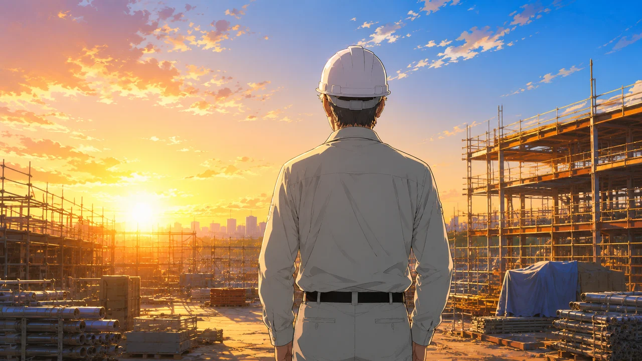 夜明けの建設現場を前に、前を向いて立つ50代男性の後ろ姿