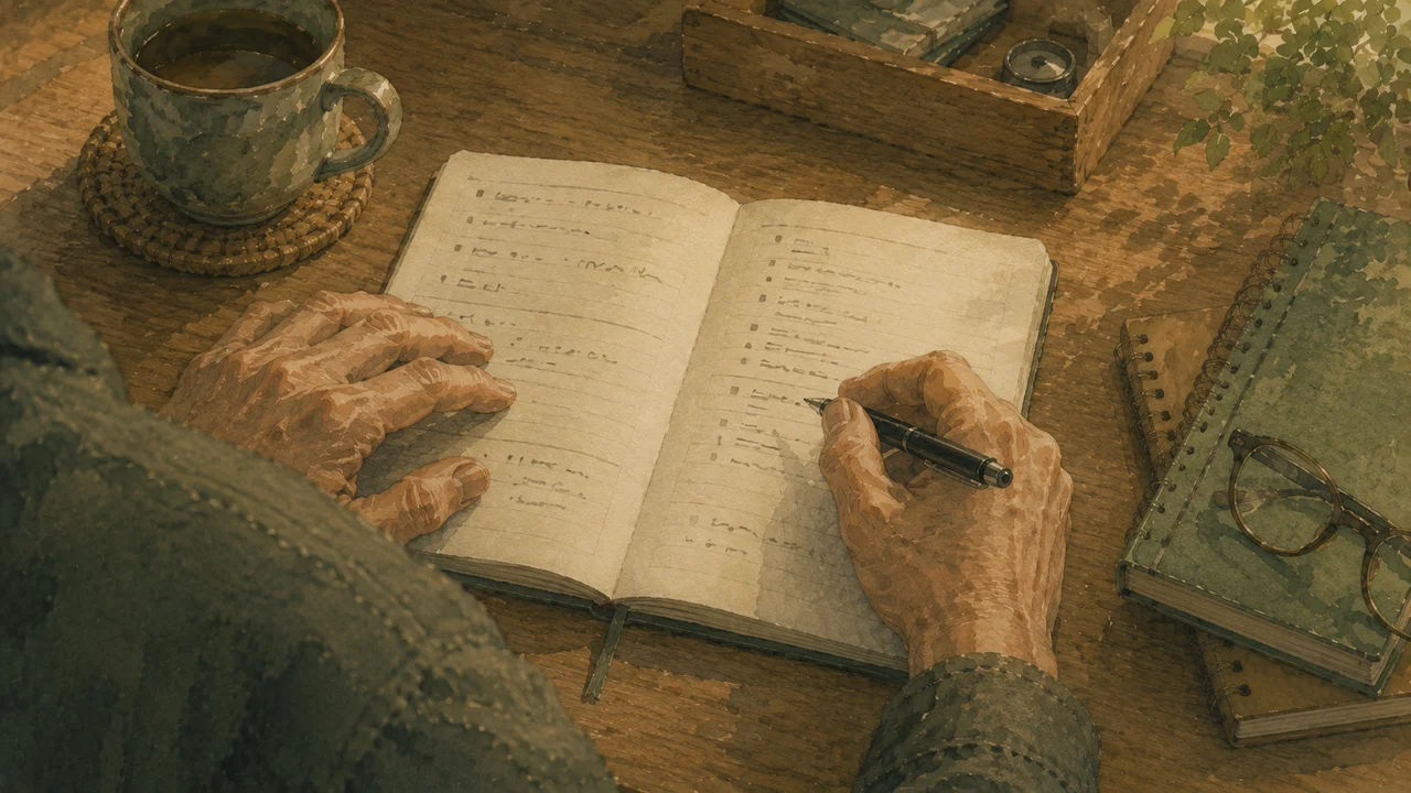 開いたメモ帳に短く要点を書き留める手元、傍らに温かい飲み物