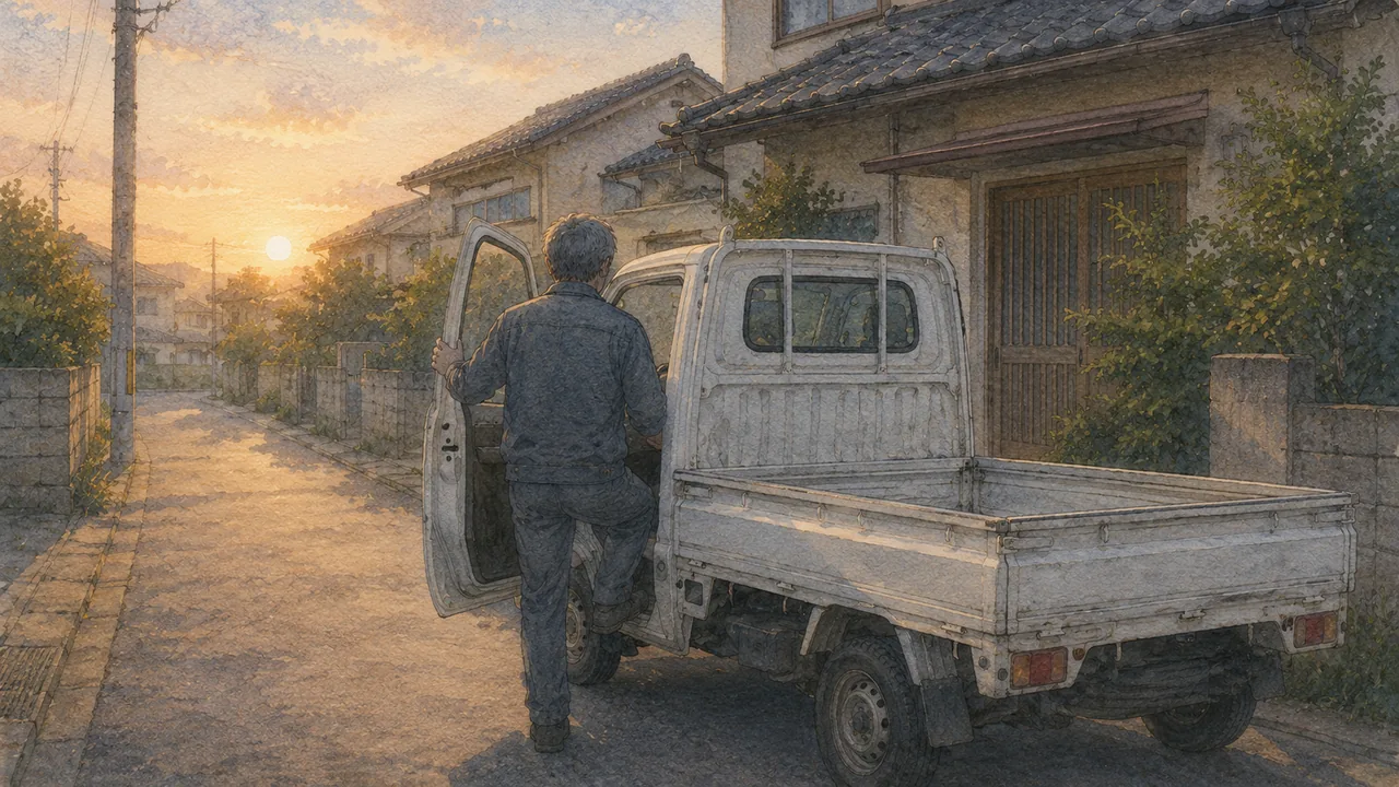 早朝、社用車に乗り込んで一人で現場へ向かう作業着姿の50代男性の後ろ姿