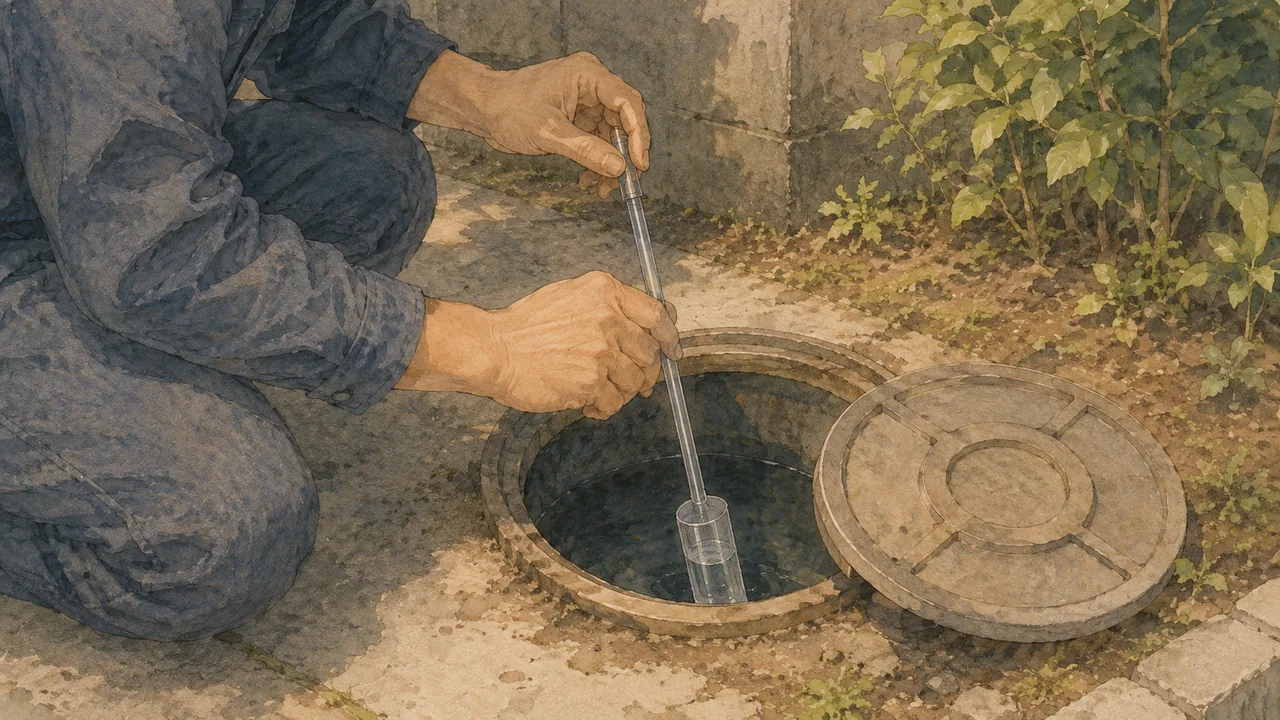 浄化槽の点検口の蓋を開け、採水容器で槽の中の水を採る作業者の手元