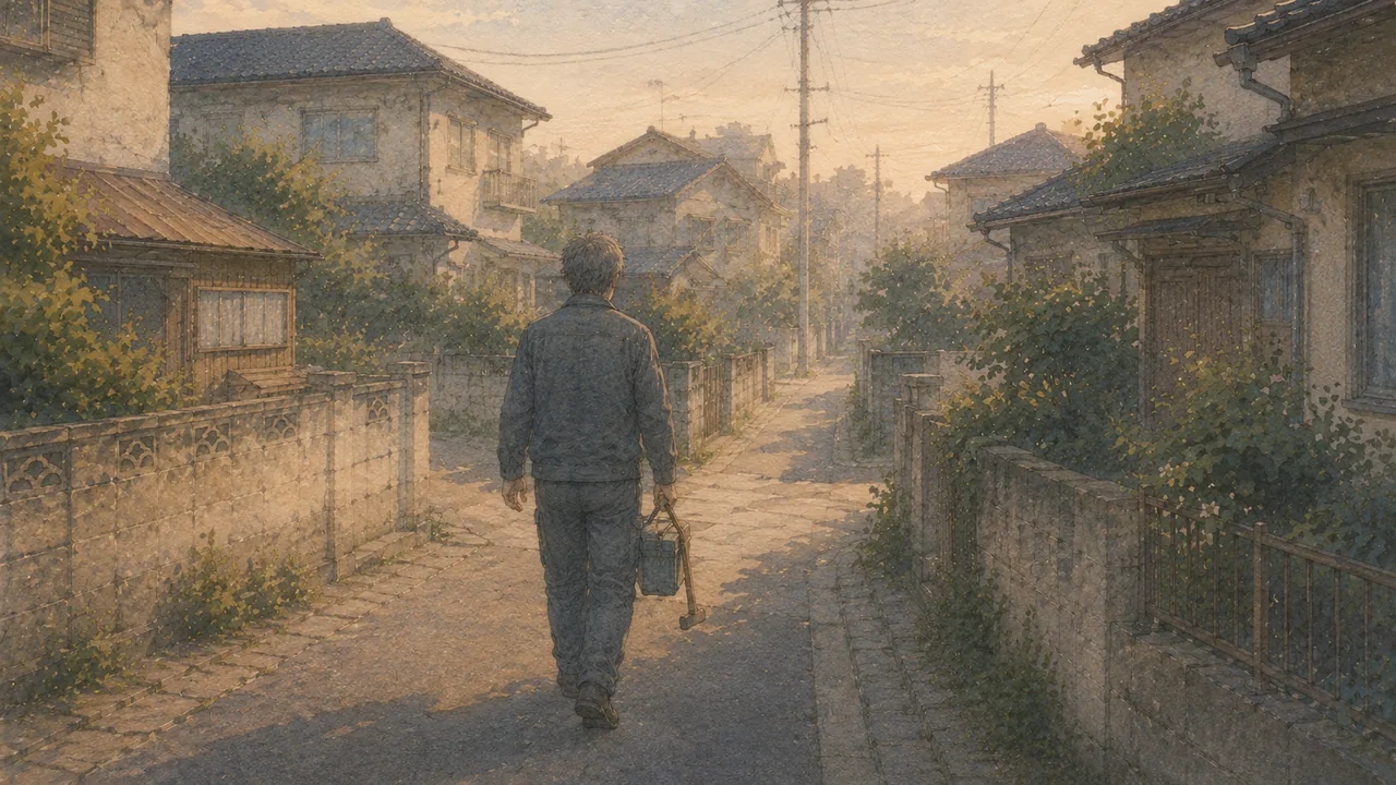 朝の同じ住宅街の道を、道具を手に淡々と歩いていく作業着姿の男性の後ろ姿