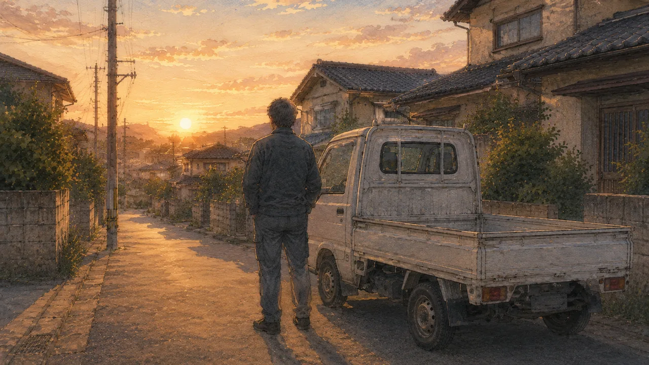 夕方、1日の仕事を終えて作業車のそばで一息つく作業着姿の男性の後ろ姿