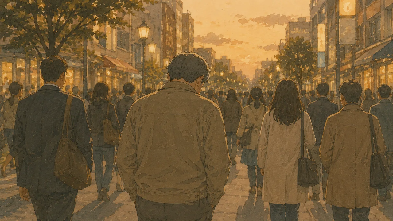 人混みの中でひとり俯きがちに歩く中年男性の後ろ姿、周りの目を気にする気配