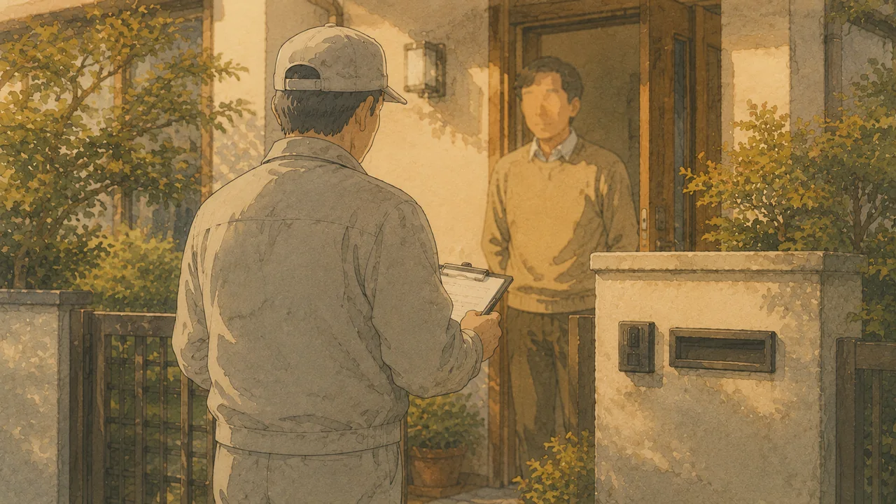 玄関先で住人と向き合い説明する作業着姿の男性の後ろ姿、丁寧な対応