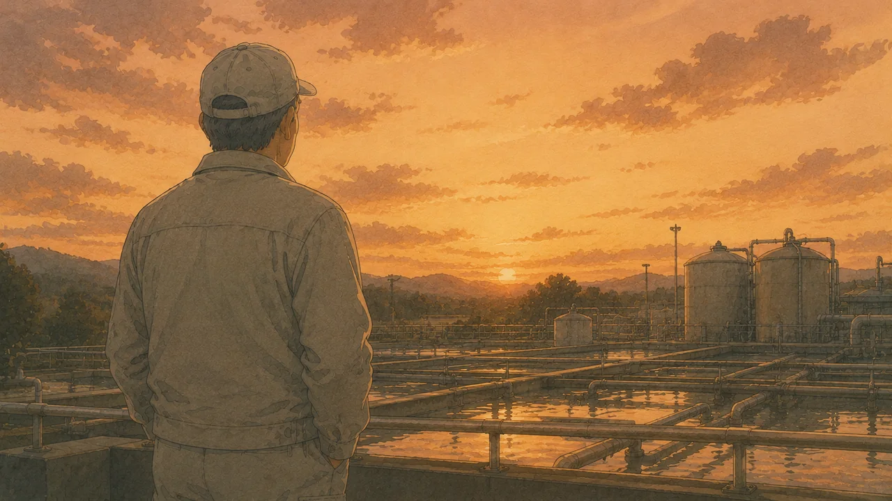 夕方の作業終わりにひとり空を見上げる作業着姿の男性の後ろ姿、自分と向き合う時間