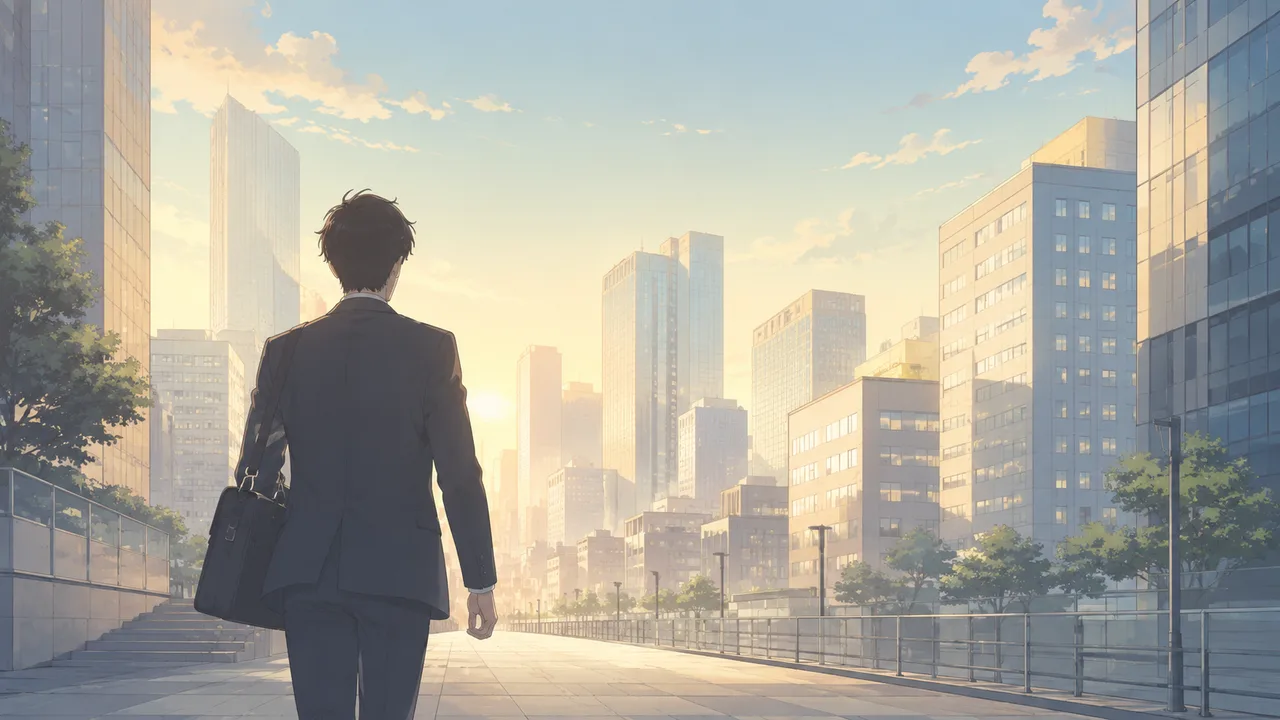 朝日に照らされた街へ、スーツ姿で前を向いて歩き出す若い会社員の後ろ姿