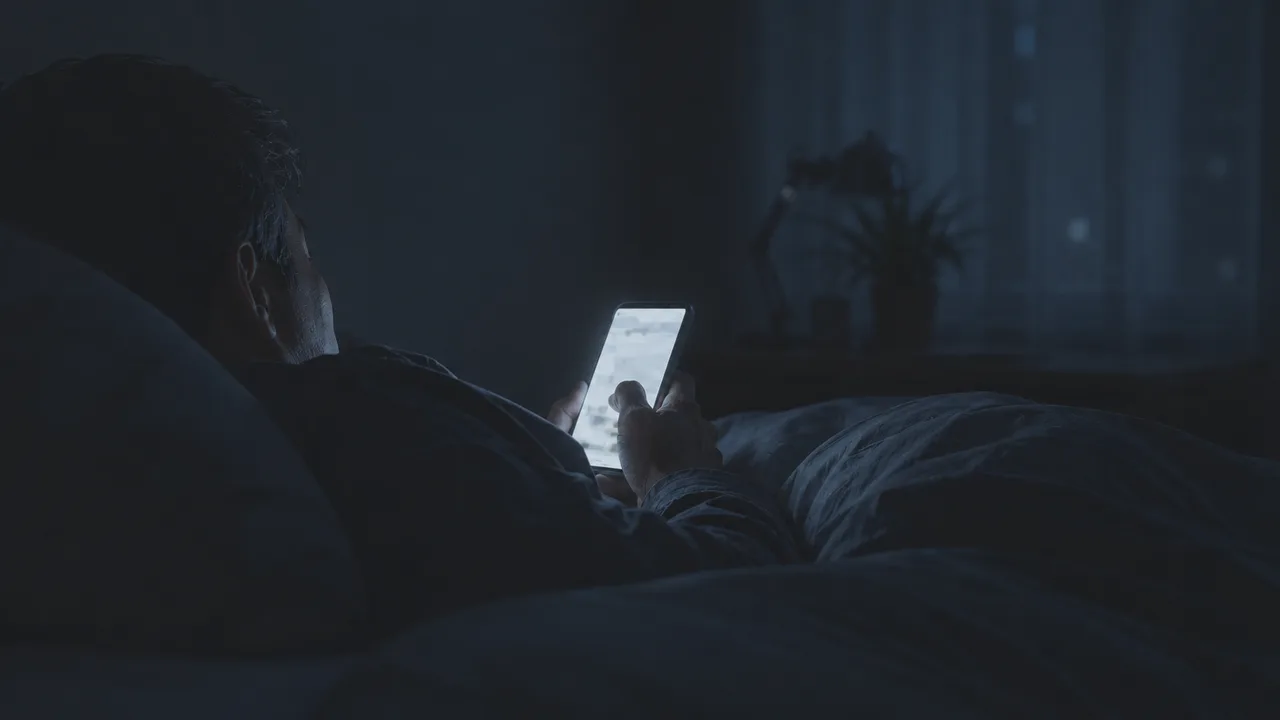 暗い部屋で布団の中、スマホの灯りだけが照らす手元、孤独な深夜の検索