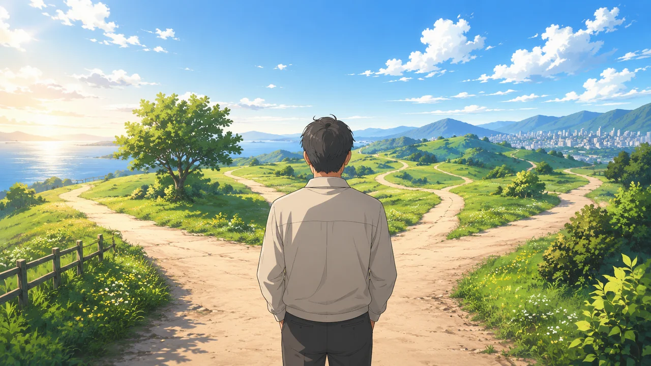 青空の下、複数の分かれ道の前に立つ50代男性の後ろ姿