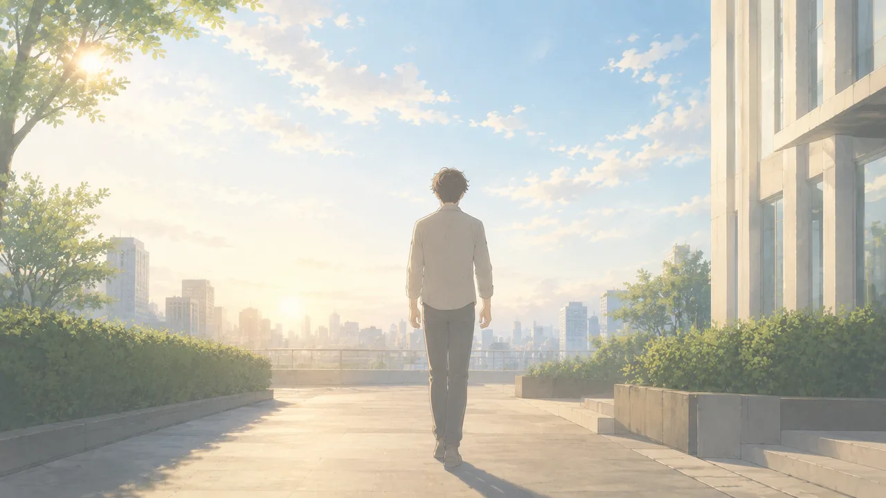 朝の光の中、手ぶらで軽やかに前を向いて歩き出す後ろ姿、身軽さと前向きさ