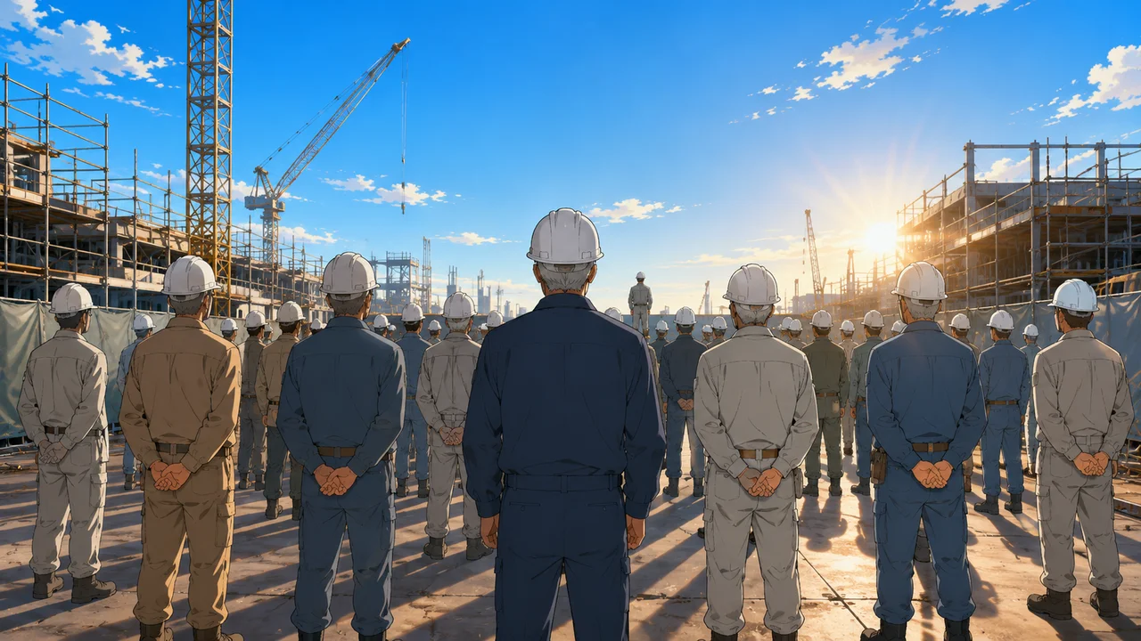 朝礼に並ぶ作業員の多くがベテランである建設現場の明るい風景