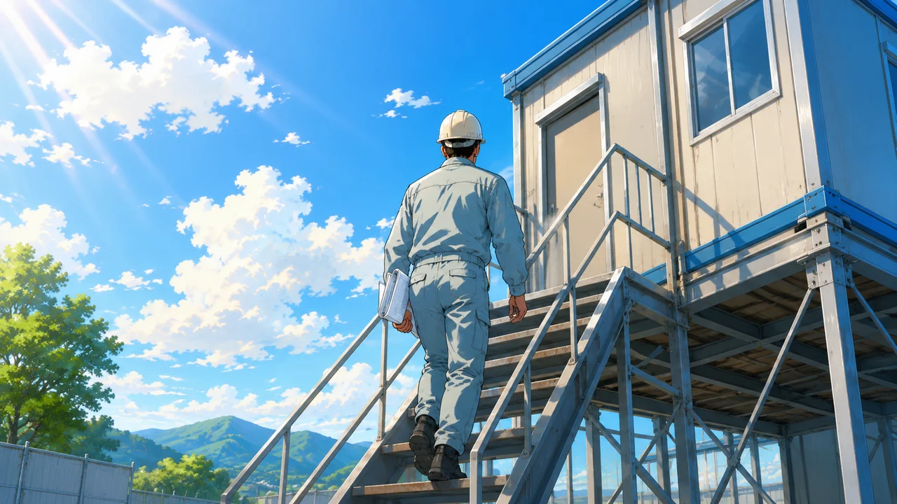青空の下、図面を手に現場事務所の階段を上る作業服姿の男性の後ろ姿